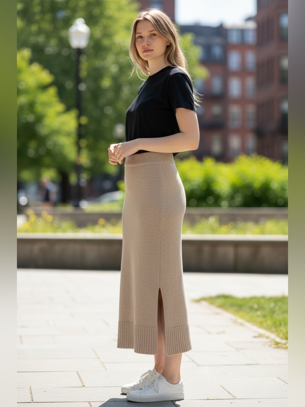 Pink Lily Beige Knit Midi Skirt XS | Ribbed Waistband| Straight Pencil |Stretchy